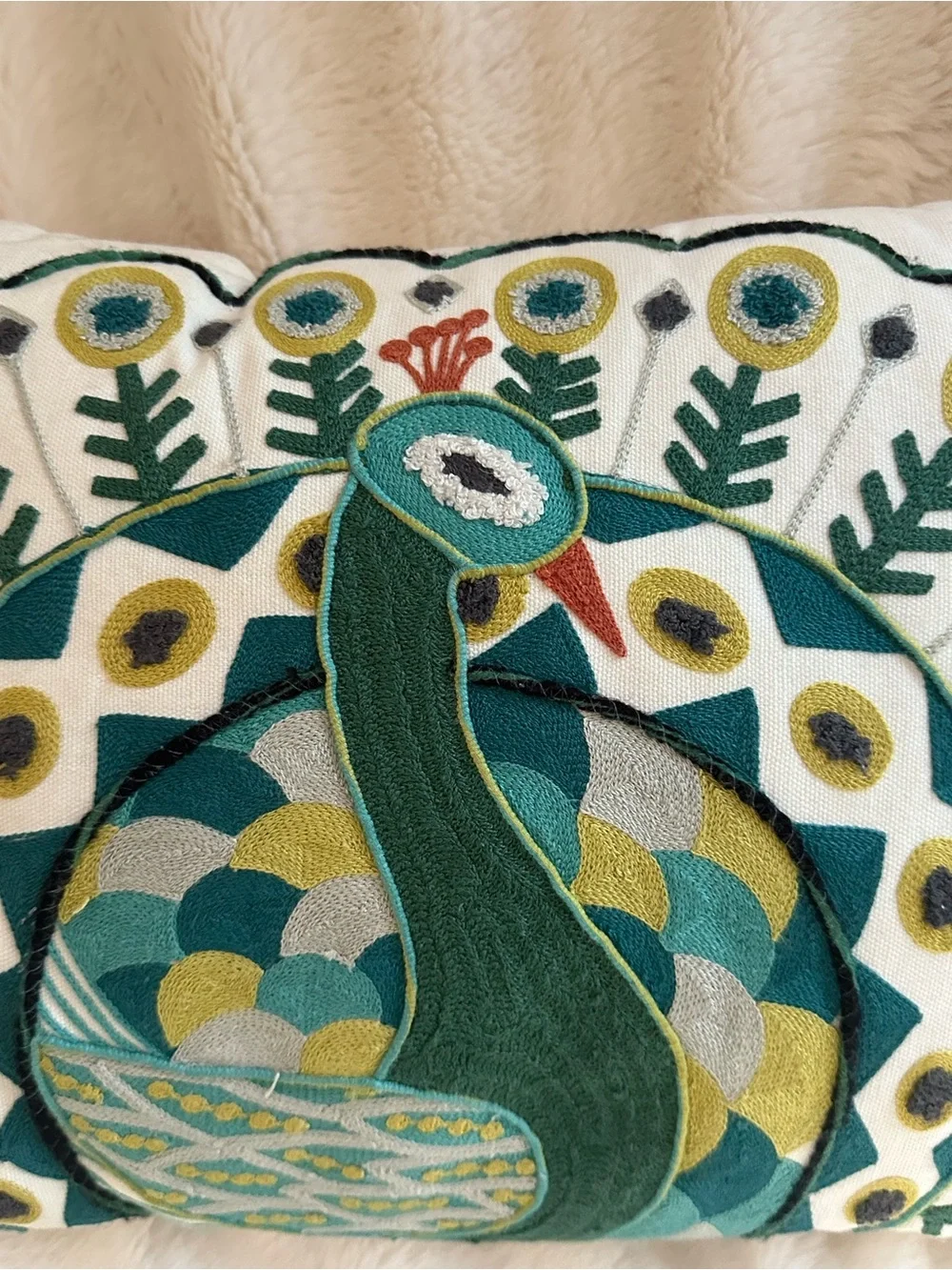 NWT Pier 1 Embroidered Peacock Throw Pillow Boho Decor Teal Green Yellow Accent